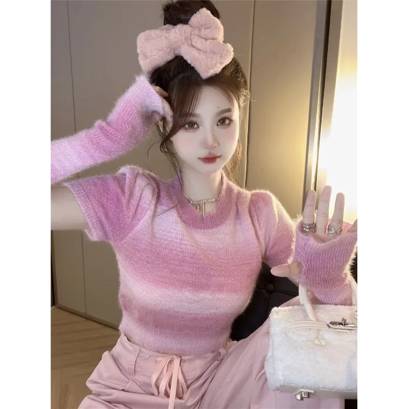 Cashmere Gradient Color Knitted Sweaters Women Dye Pink Detachable Sleeve Slim Soft warm Pullover Korean Y2K Aesthetic Crop Tops