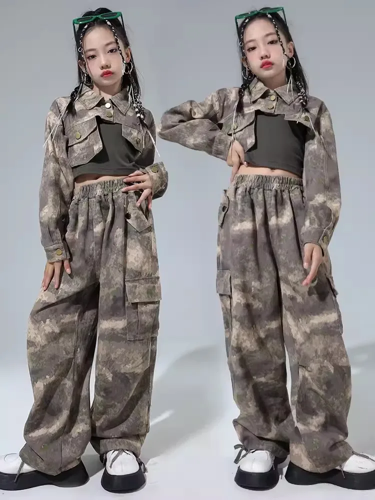 

New Modern Dance Clothes Girls Jazz Dance Outfits Camouflage Suit Loose Long Sleeves Performance Costume Stage Wear Kpop BL11831