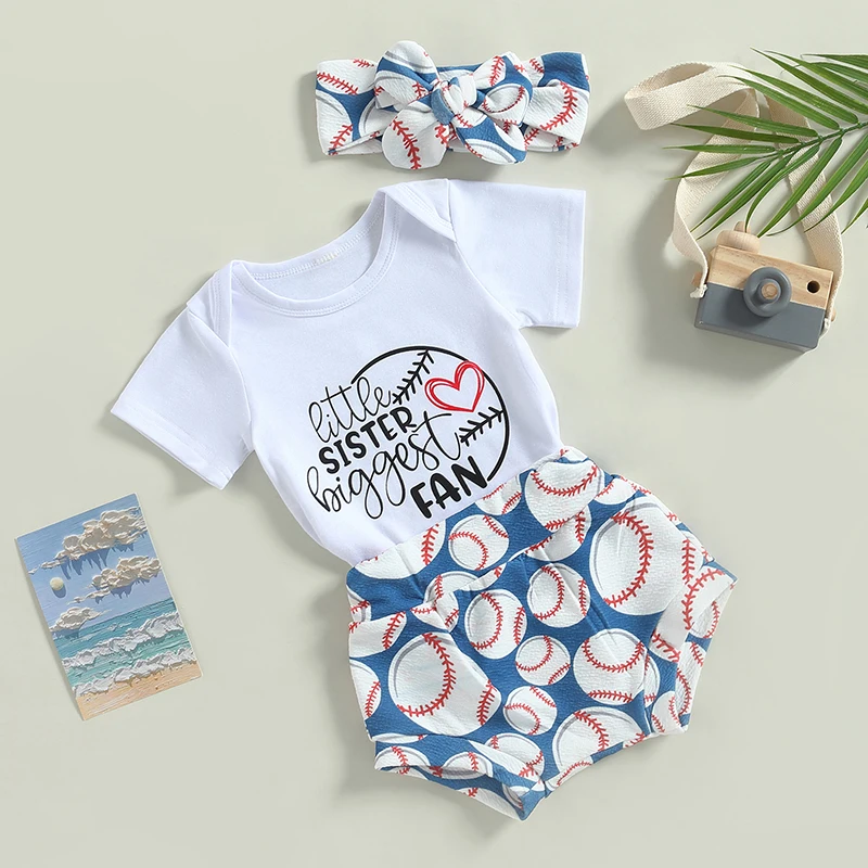 Baby Girl Baseball Outfit Little Sister Biggest Fan  Romper Baseball Bloomer Headband 3Pcs Summer Clothes