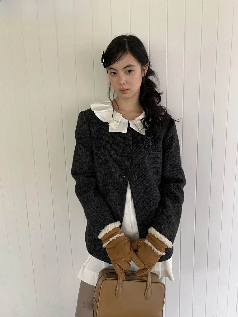 

Wool Blend Tweed Ele Chic Workwear for Women Long Sve Single Button Closure Faionable All Ocn