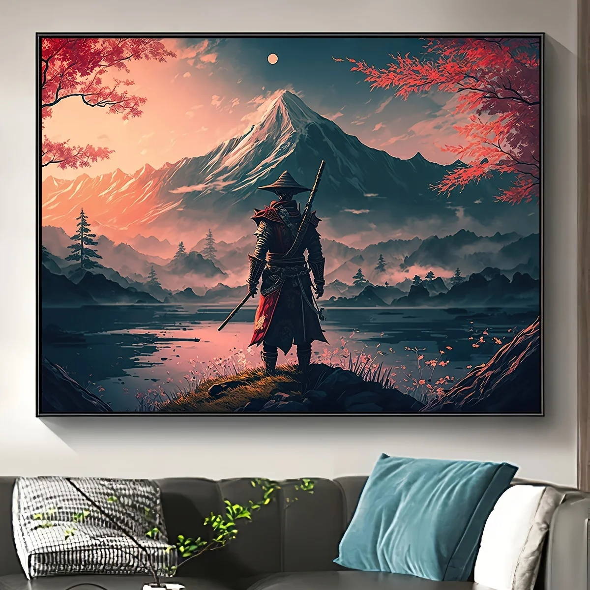 No Framed Anime-Inspired Canvas Poster, Snow Mountain & Lake Samurai Warrior Landscape Painting,  Canvas Wall Art, Artwork Wall
