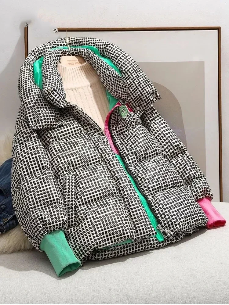 Women's Winter Plaid Jacket Thick Cotton Padded Parka Fashion Hooded Oversize Loose Free Wash Parkas Woman Puffer Jackets