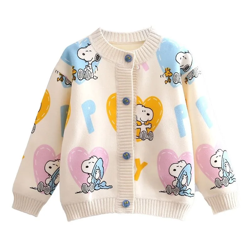 Peanuts Snoopy spring and autumn long-sleeved cartoon love printed thickened knitted cardigan children\'s casual all-match top