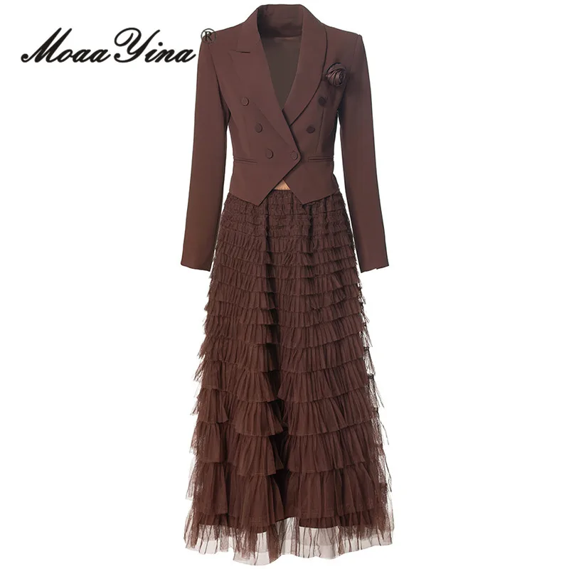 

MoaaYina Fashion Suit Style Double Breasted V-Neck Top+Black Fungus Edge Pleated Layered Lower Skirt Two-Piece Set