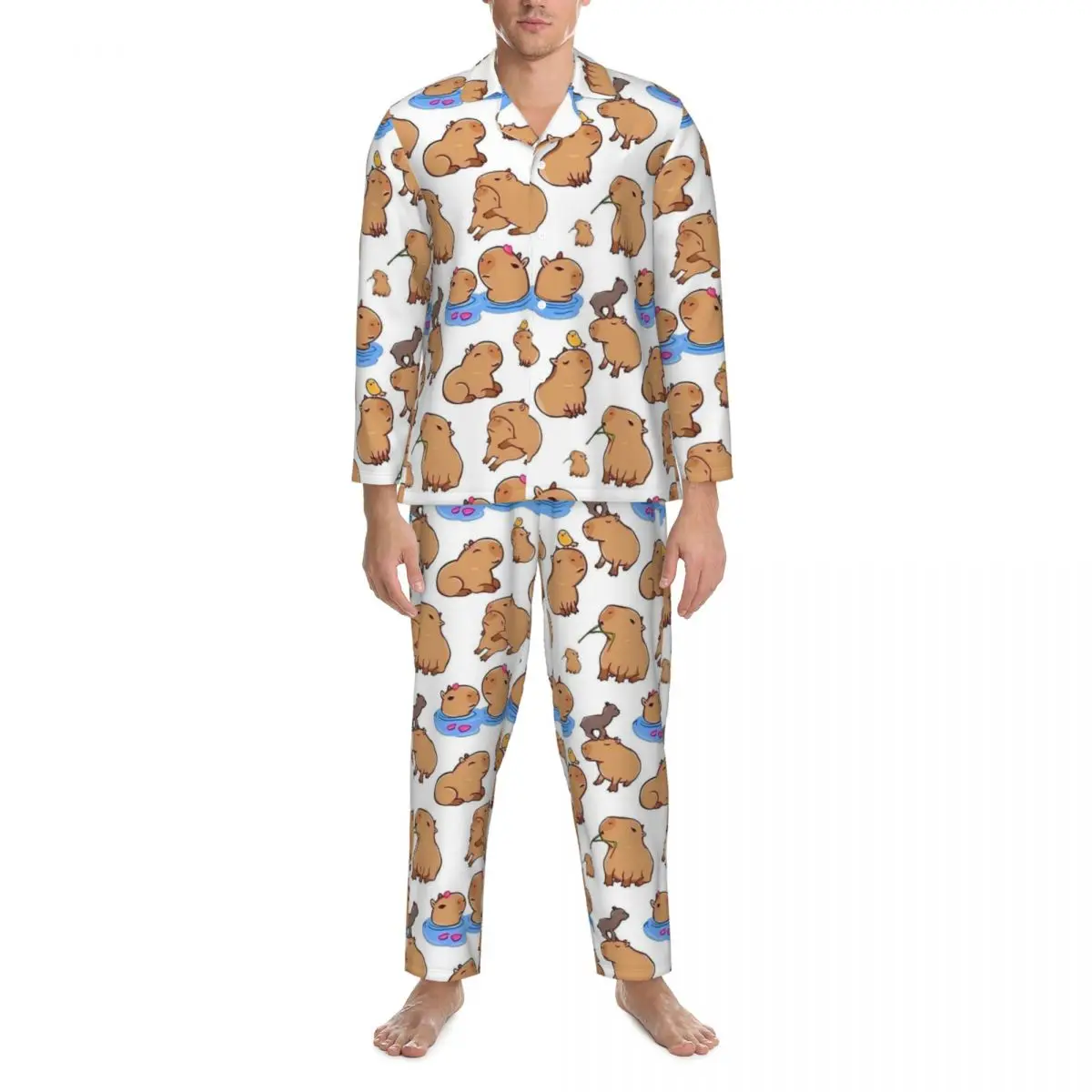 Capybara Print Sleepwear Spring Cartoon Animal Retro Oversize Pajama Sets Male Long-Sleeve Cute Soft Daily Design Home Suit