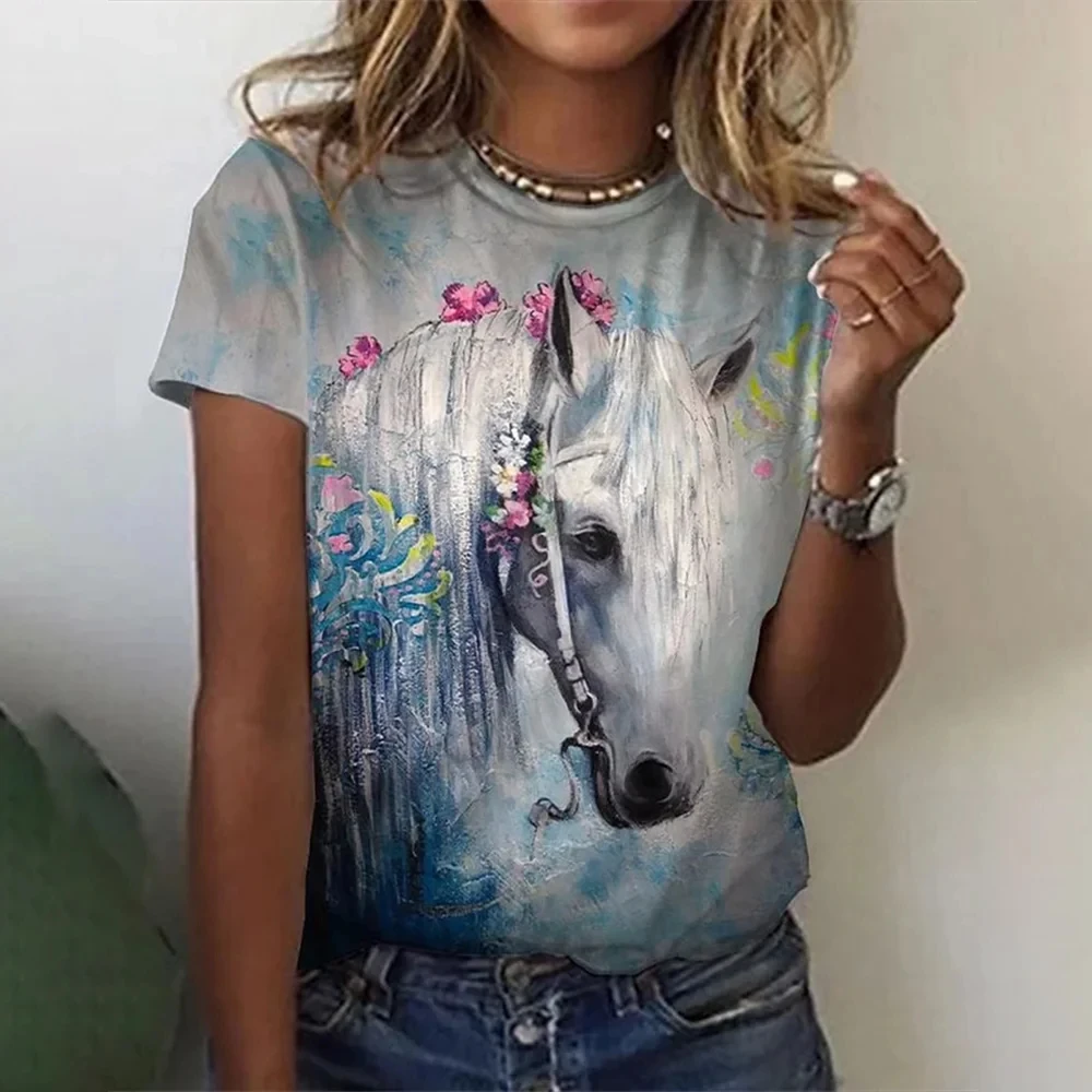

Fashion Women's T-Shirt 3d Horse Print Kawaii T Shirt Female Casual Clothing Summer Women's Oversized Vintage Casual Tops