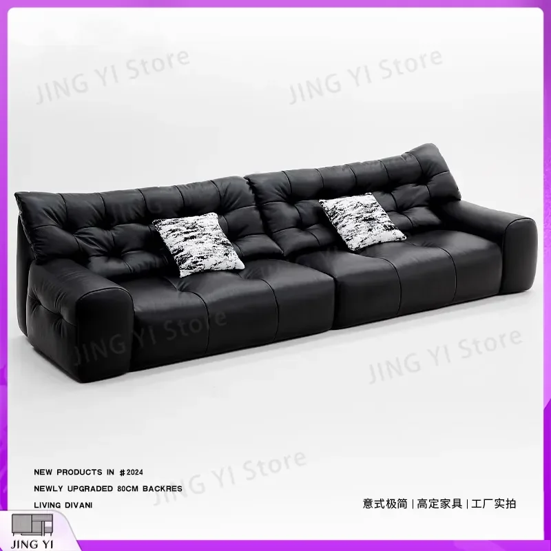 Italian Style Black Bear Leather Sofa First Layer Cowhide Modern Living Room Down Sofa for Small Apartment Medieval Design