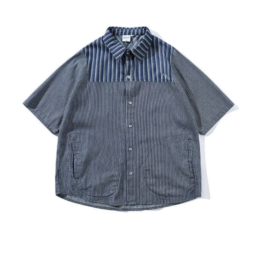 

Japanese Color Blocking Patchwork Pure Cotton Short Sleeved Shirt for Men and Women Loose Casual Shirts