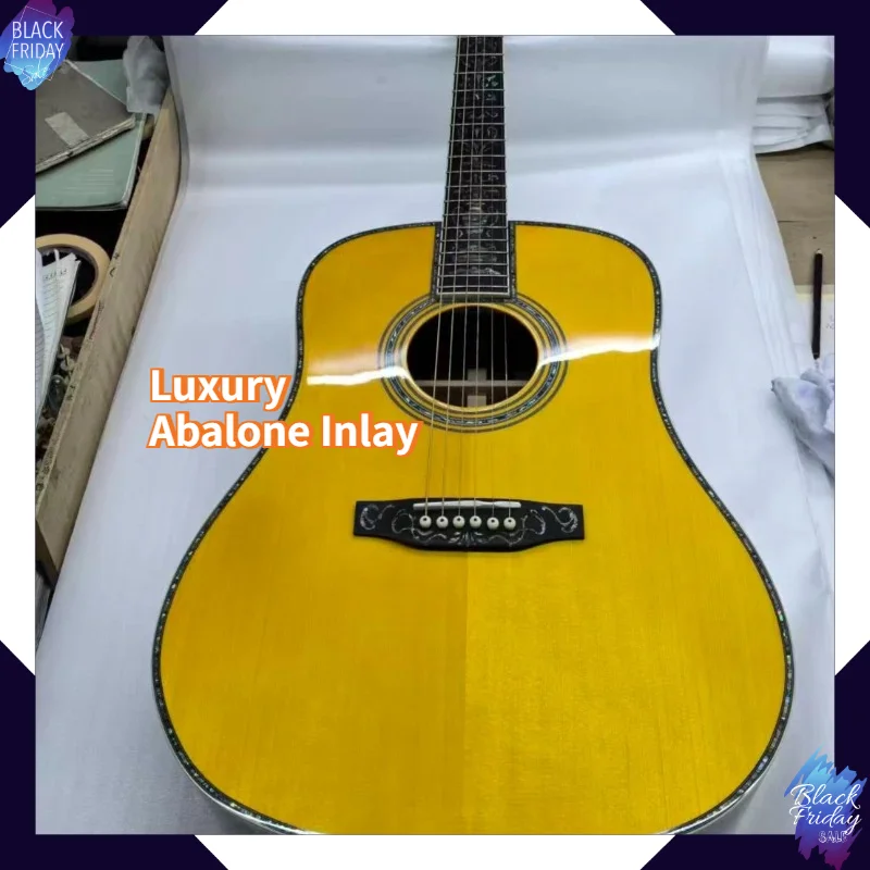 D45 Series 41 Inch Acoustic Guitar  Yellow Solid Top  Spruce Body  Ebony Neck Minimalist Design Perfect for Country Music