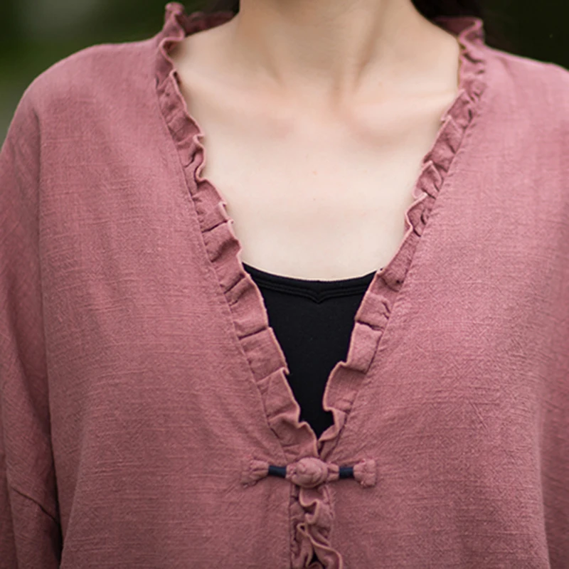 Printemps automne coton lin ample Style chinois Blouse femme surdimensionné coton lin ouvert Cardigan à manches longues femmes chemise haute