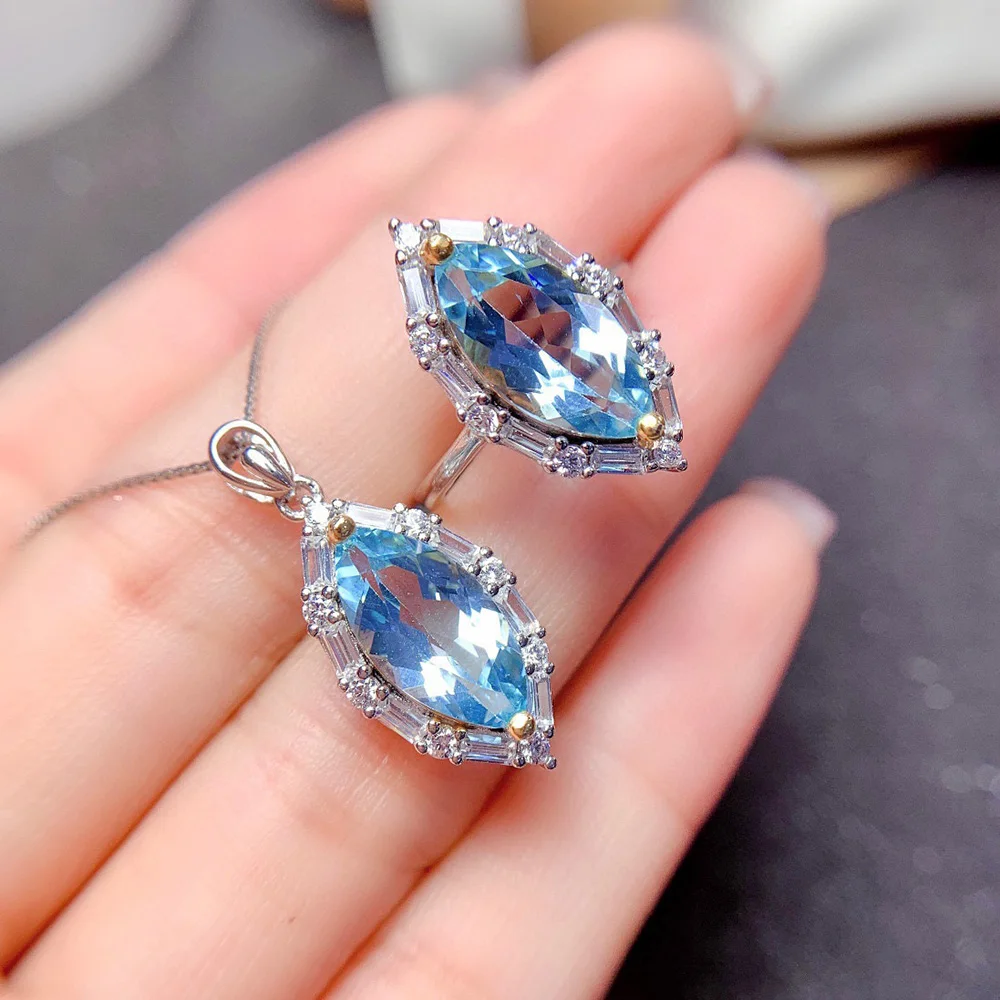 Big Stone Eye Shaped Bule Zircon Necklace Rings for Women Luxury White Gold Color Pendants Wedding Party Jewelry Sets Gift KA126