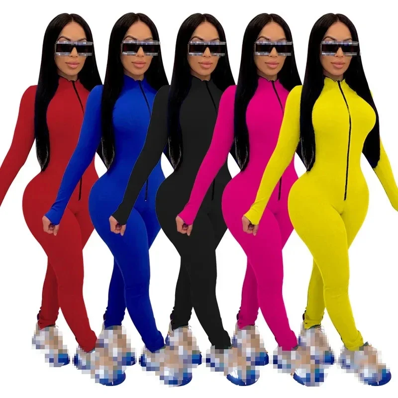 

BWQ Sexy Solid Color Long Sleeve Deep V Bodycon Rompers Women Jumpsuit Sport Suit Fashion Zip Up Long Pants Overalls Fitness Set