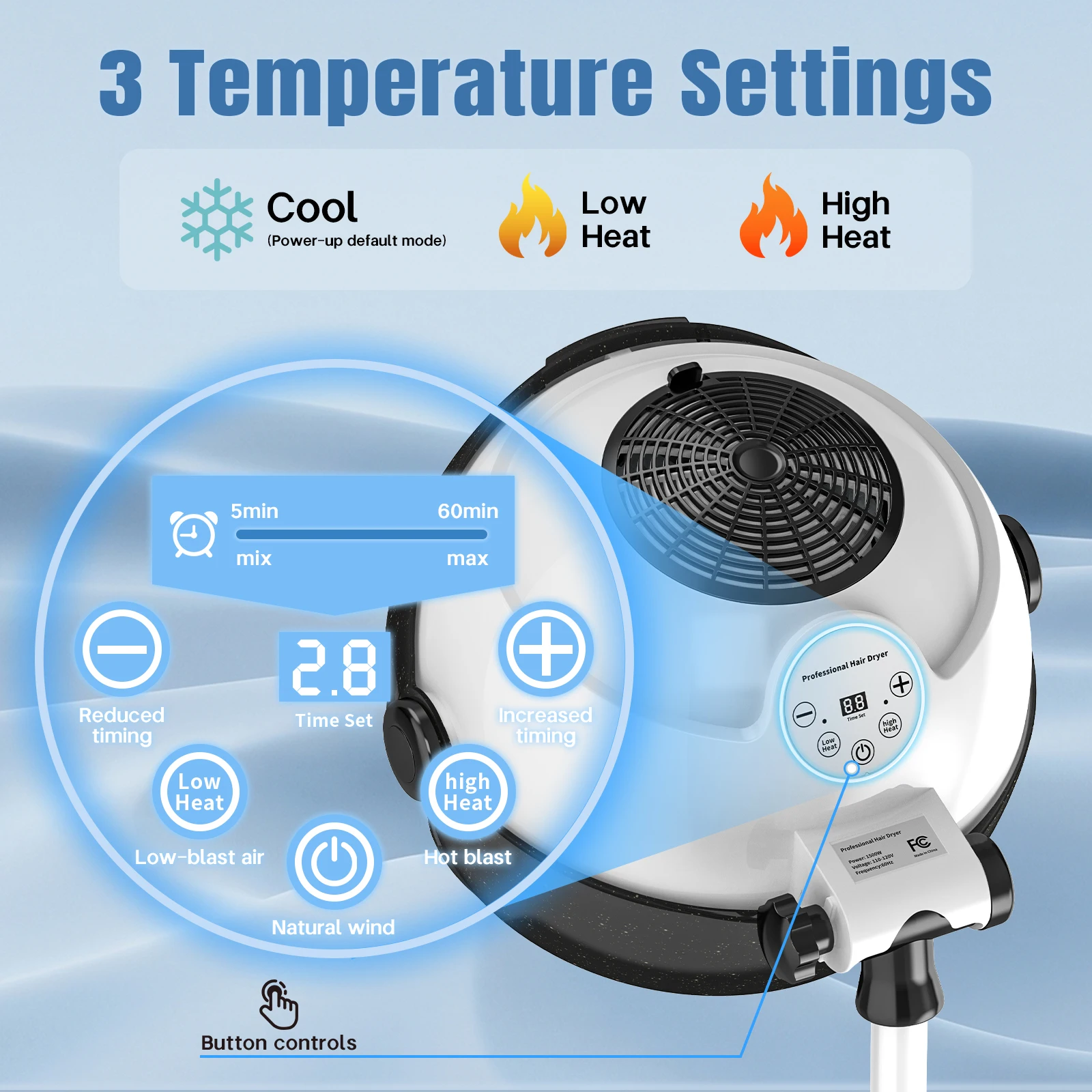 Adjustable Height Rolling Bonnet Hair Dryer, 3 Temp & Timer for Salon Home Use