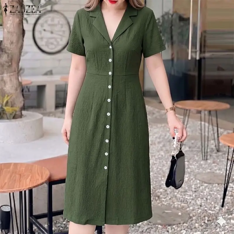 Elegant Women OL Work Midi Dresses ZANZEA Summer Office Sundress Lapel Neck Buttons-Up Dress Short Sleeve Collect Waist Vestidos