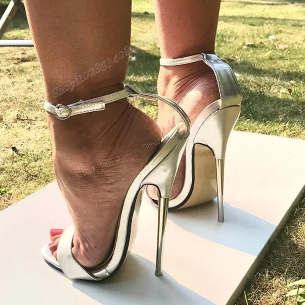 

Sliver Peep Toe Ankle Buckle Sandals Metal Stiletto High Heel Leather Fashion Design Women Shoes 2024 Sexy Zapatos Para Mujere