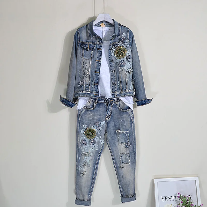 Two Piece Set Spring and Autumn Beads Sequin with Holes Jeans + Tops Jacket Coat Women's Jeans Suit Denimwear Can Buy Separately