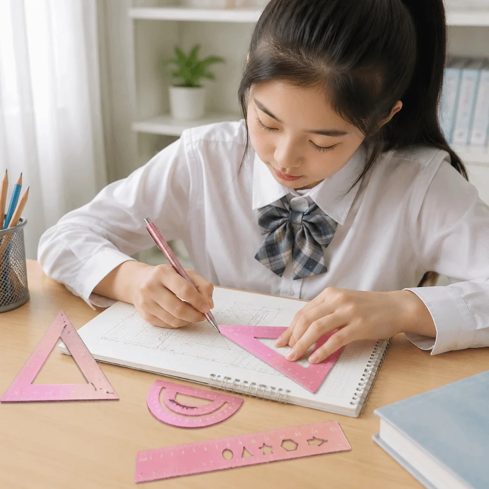 4 in 1 Metal Ruler Set Protractor Straight Ruler Student Geometry Set Set Square Stationery Maths Drawing Kit Mathematical Tool