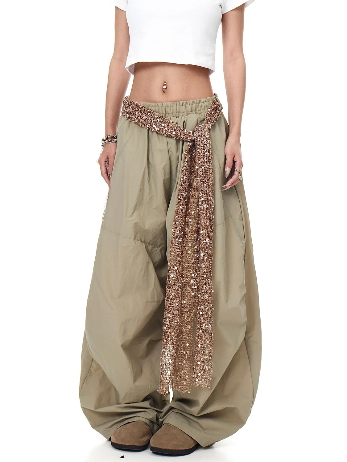 

Ретро американский дизайн iny с блестками пояс плиссированные брюки десантника мужские и женские летние свободные широкие брюки для танцев с ножом