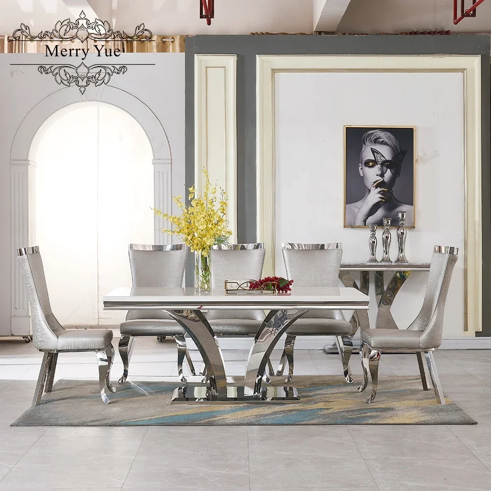 China Dining room furniture marble dining table set rectangle silver stainless steel base dining tables