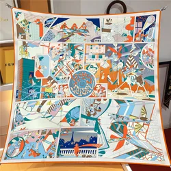 90*90Cm Nieuwe Cartoon Comic Puzzel Wild Zal Moerbei Zijde Vierkante Sjaal Hoofddoek Mode Luxe Vierkante Zon Bescherming sjaals