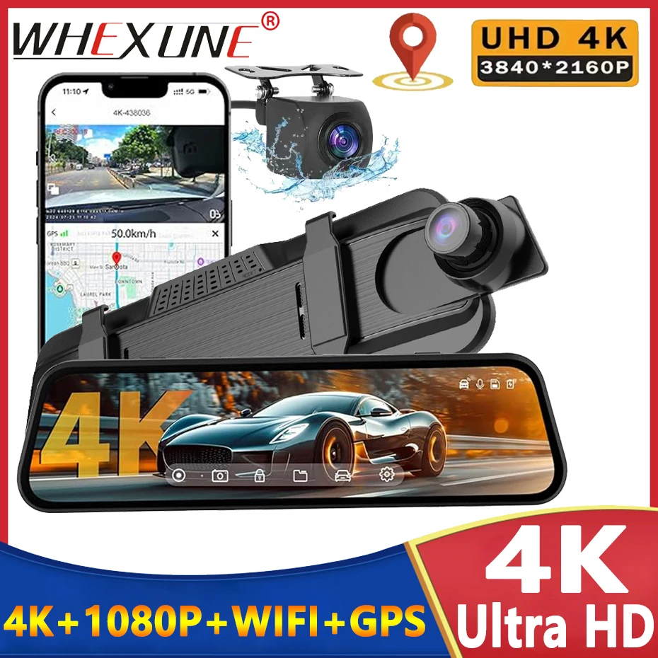 4K WiFi Dash Cam for Car DVR Camera Dual Lens Rear View Mirror Video Recorder With GPS WDR Night Vision 24H Parking Monitoring