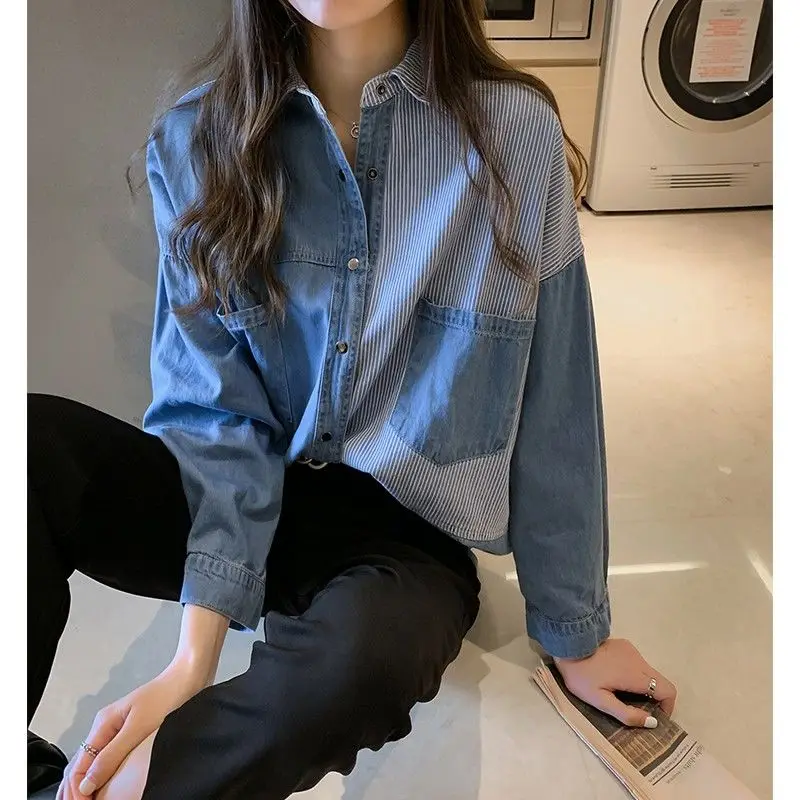 Korean Spring Autumn Female Clothing Striped Printed Denim Shirt Fashion Turn-down Collar Button Pockets Long Sleeve Mid Blouses