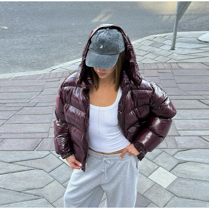 Fashion Glossy Padded Jacket Women's Solid Hooded Long Sleeve Zipper Warm Down Coat 2026 Autumn Winter New Lady Casual Outerwear