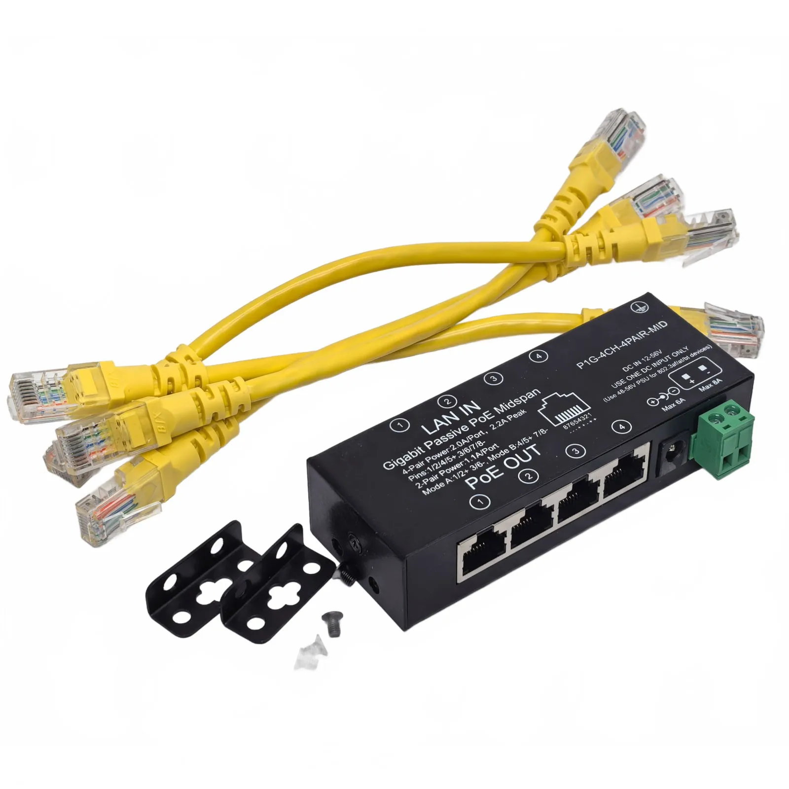 4 Port Gigabit 4-Pair Passive PoE Injector Midspan 90W/Port 12-56V 8A Mode A/B