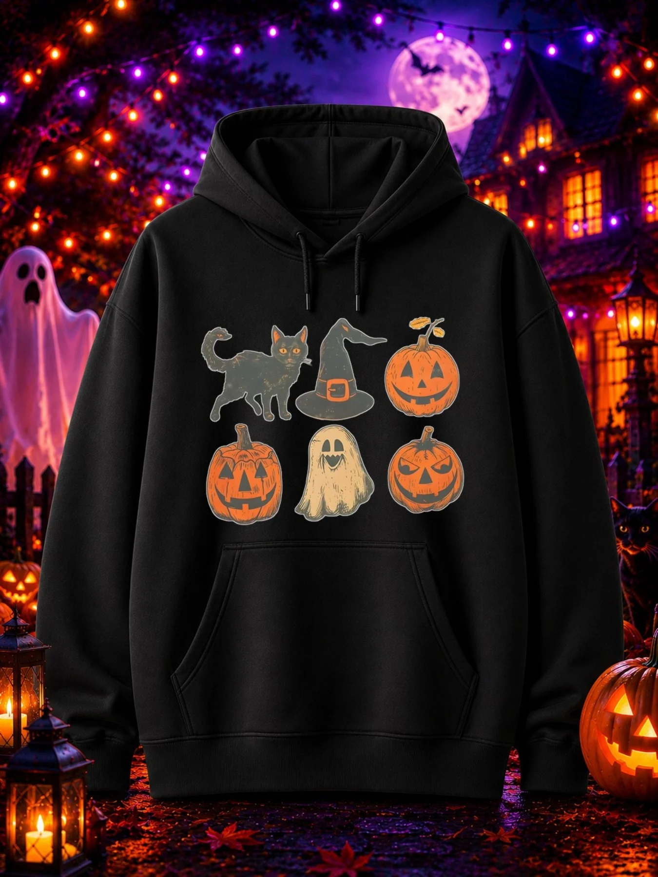 Halloween Men's Sweatshirt with Retro Halloween Prints Featuring Black Cats, Witch Hats, Pumpkin Lanterns, and Smiley Faces
