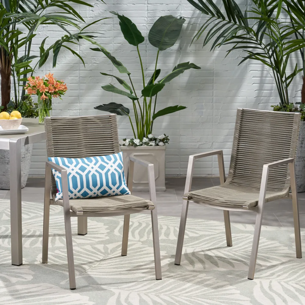 

YQXH Outdoor Modern Aluminum Dining Chair with Rope Seat (Set of 2), Silver and Taupe