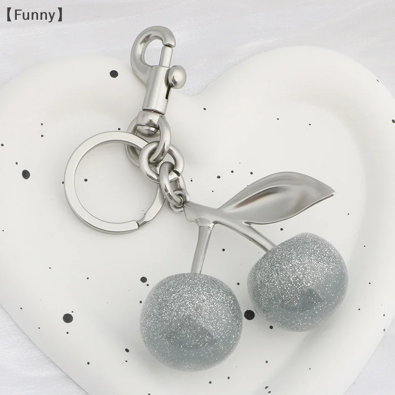 〔Funny〕Fashion Glitter Silvery Cherry Keychain Fruits Cherries Pendant Car Keyring For Coach Handbags Shoulder Bags Accessories