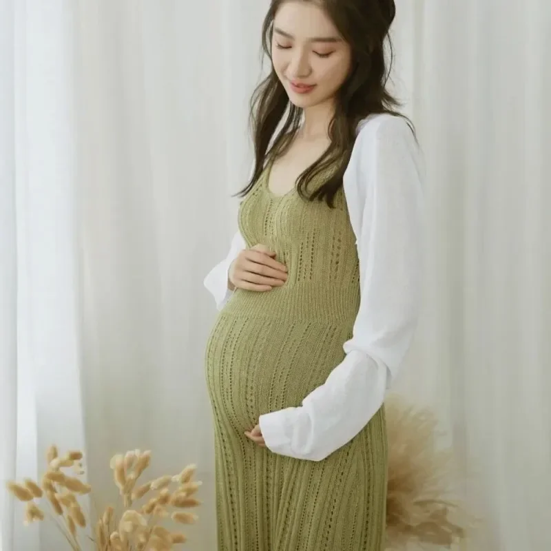 Maternity Dresses Set For Photo Shoot Cardigan+green Knitted Dress Suit Baby Shower Dress Pregnant Woman Photography Props