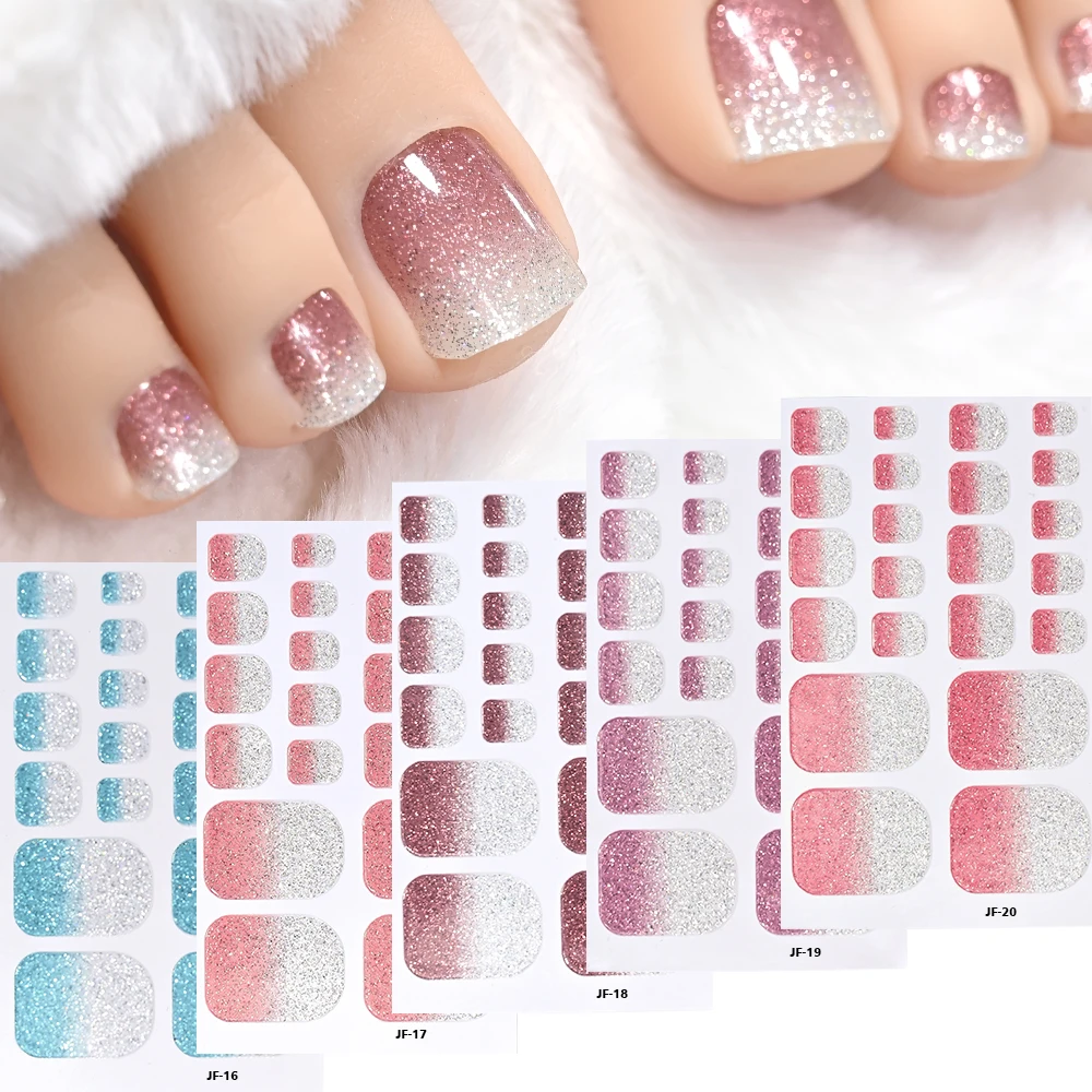 1pcs 22 เคล็ดลับ Gradient Glitter Full Toe NAIL Wraps 3D เงา Omber สีชมพู/สีม่วง/สีฟ้า Toe เล็บสติกเกอร์เบเกอรี่ฟรีแถบ Toe