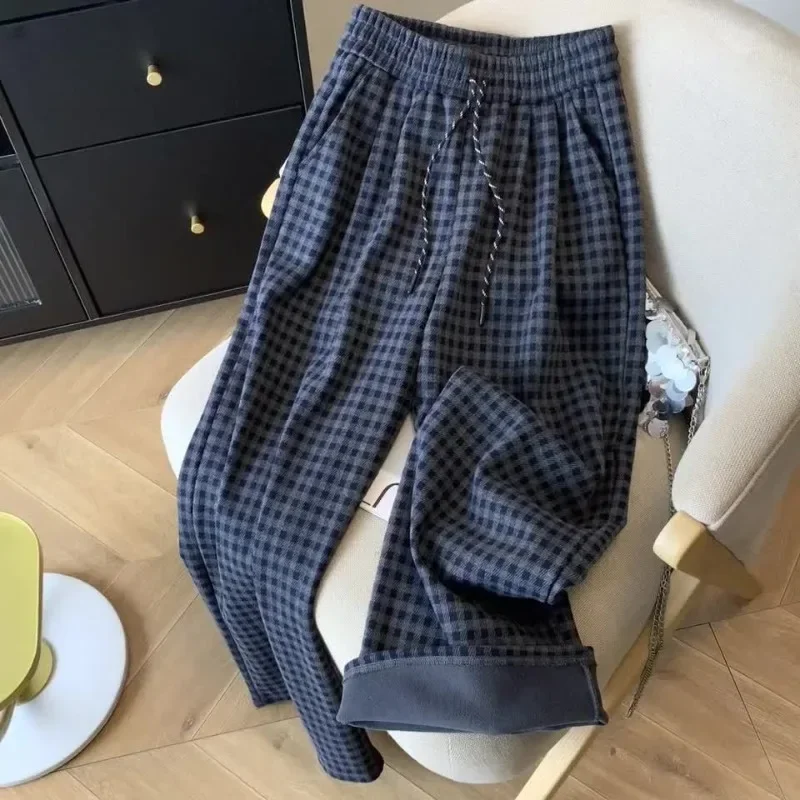 

High Street Hip Hop Casual Plaid Pants Women's Loose Thin High Waist Wide Legs Straight Trousers Drawstring Female Sweatpants