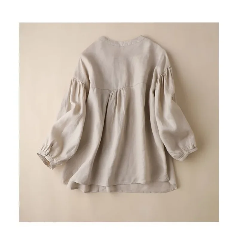 Lijingyue-Blusa de lino y algodón para Mujer, elegante camisa de manga acampanada, holgada, informal, de un solo pecho