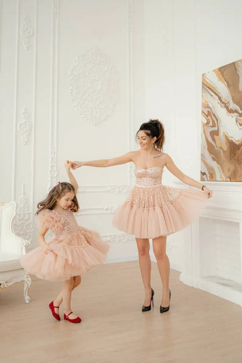 Blush Sparkly Mommy And Me Party Dress Mother Daughter Photography Matching Dress Tulle Dress Girls Tutu Princess Gown