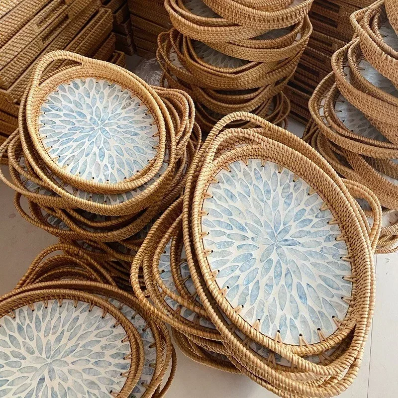 Hand-woven Rattan Color Shell Fruit Plate Jewelry Ornament Storage Tray Swing Plate Tea Storage Tray Storage Baske