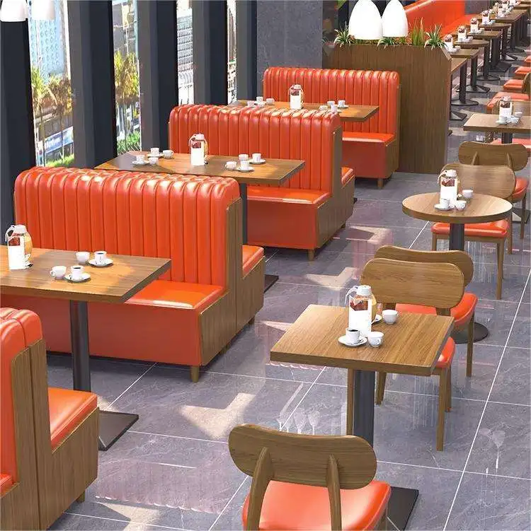 

Factory Price Luxury Restaurant Wood Tables and Chairs Half Round Orange Restaurant Booth Seating Restaurant Sets for Fast Food