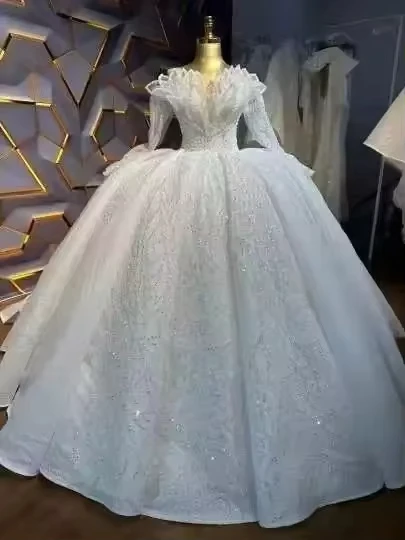 Customized Princess Ball Gown Wedding Dress Long Sleeve V Neck Off Shoulder 3D Appliques Beads Lace Ruffles Wedding Gown