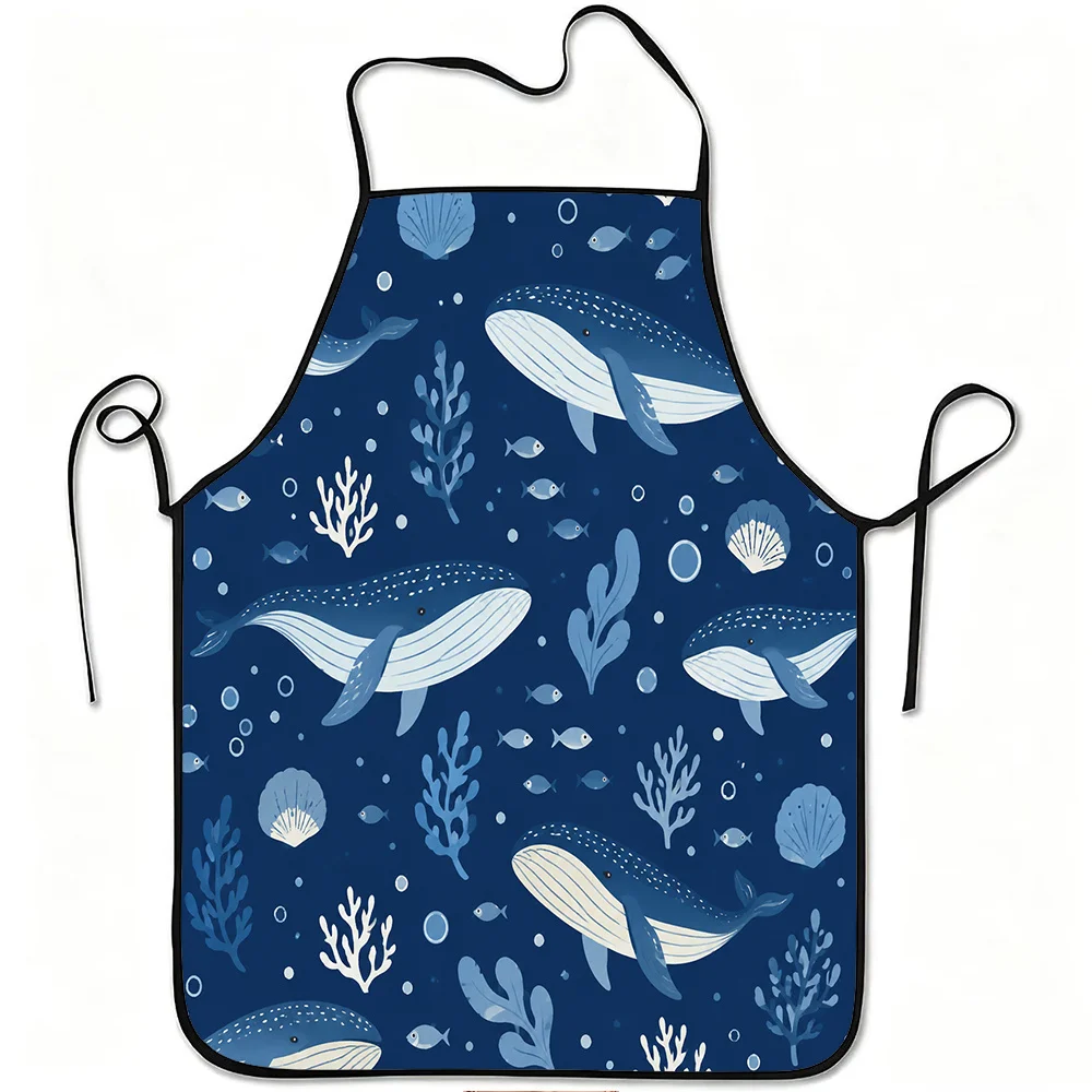 1pc Ocean Whale Coral Sea Life Print Apron, Durable And Easy to Clean, Adjustable Waistband, Polyester Material, for Kitchen Coo