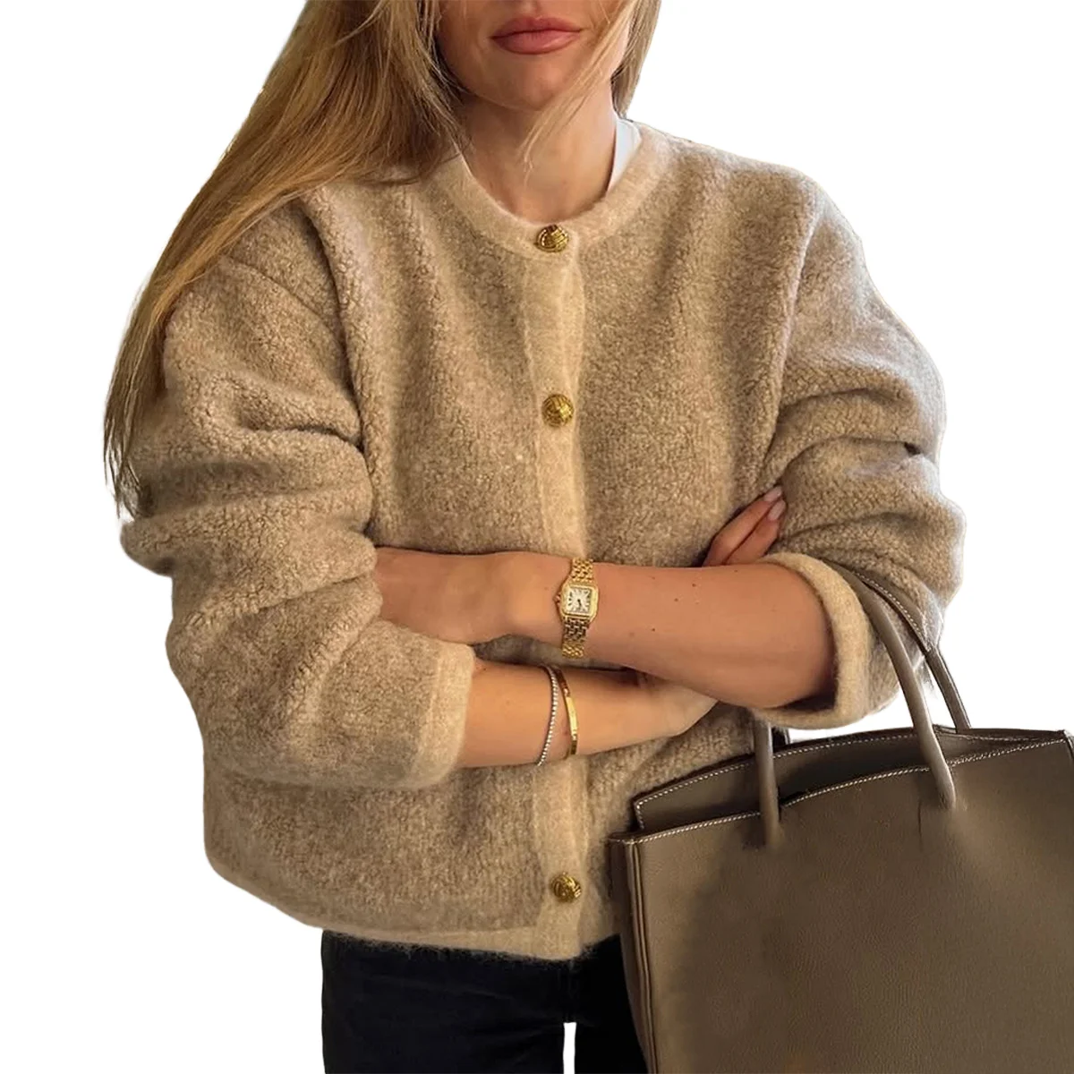 

Вязаный кардиган на пуговицах спереди, элегантный модный свитер с круглым вырезом и длинными рукавами, однотонный, осень-зима 2022, женский трикотаж в курортном стиле