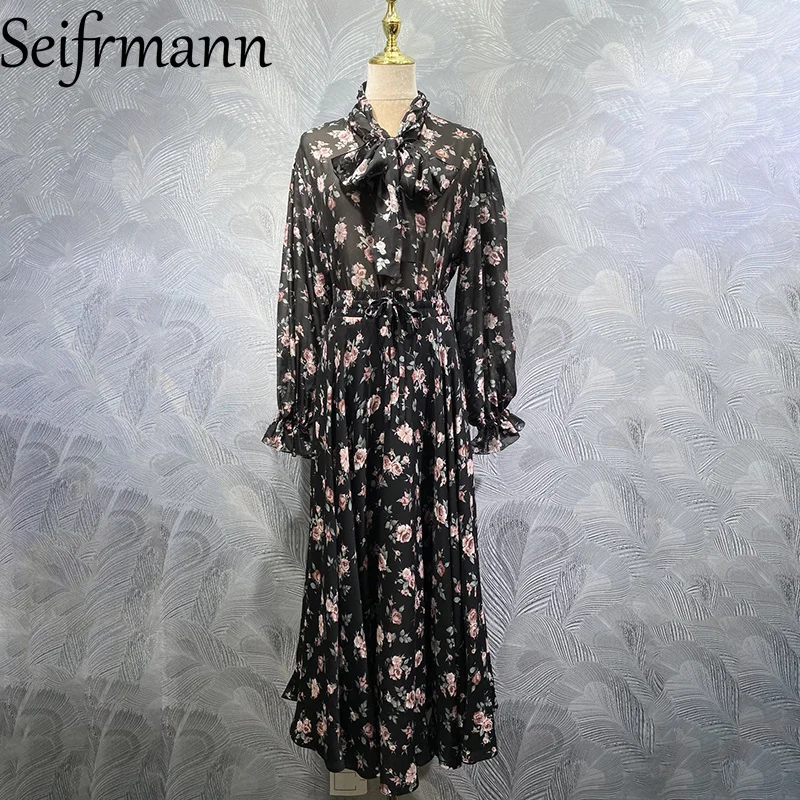 

Seifrmann 2026 Spring Women's clothing New Fashion And Casual Tie Silk Printed Top+Half Skirt Two Piece Set