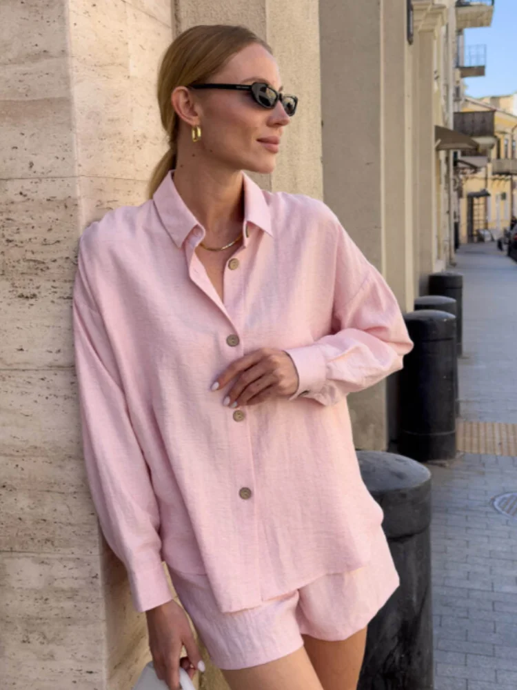 

Women Casual Short Suit Long Sleeves Lapel Collar Simple Style Pure Color Leisure Wear Set 2025 Summer Chic Commuting Streetwear