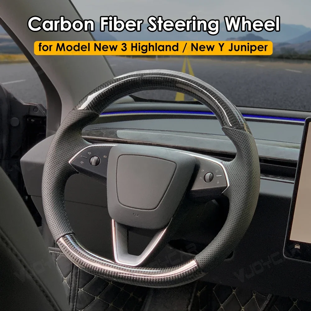 Model 3 Highland Carbon Fiber Steering Wheel Interior Modified Round Car Handle for Tesla Heating Custom Suede Handle