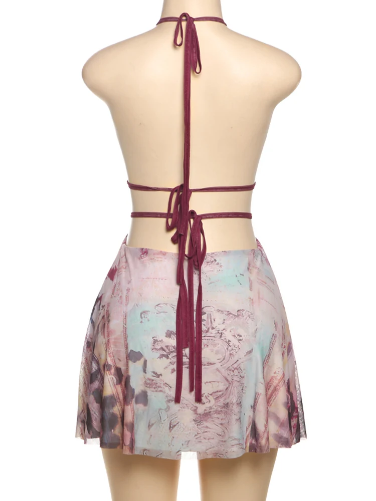 Macheda Seashell Decoration Dress Women Halter Deep V-Neck Colorful Print Backless Vacation Beach Party Fashion Mini Bodycon