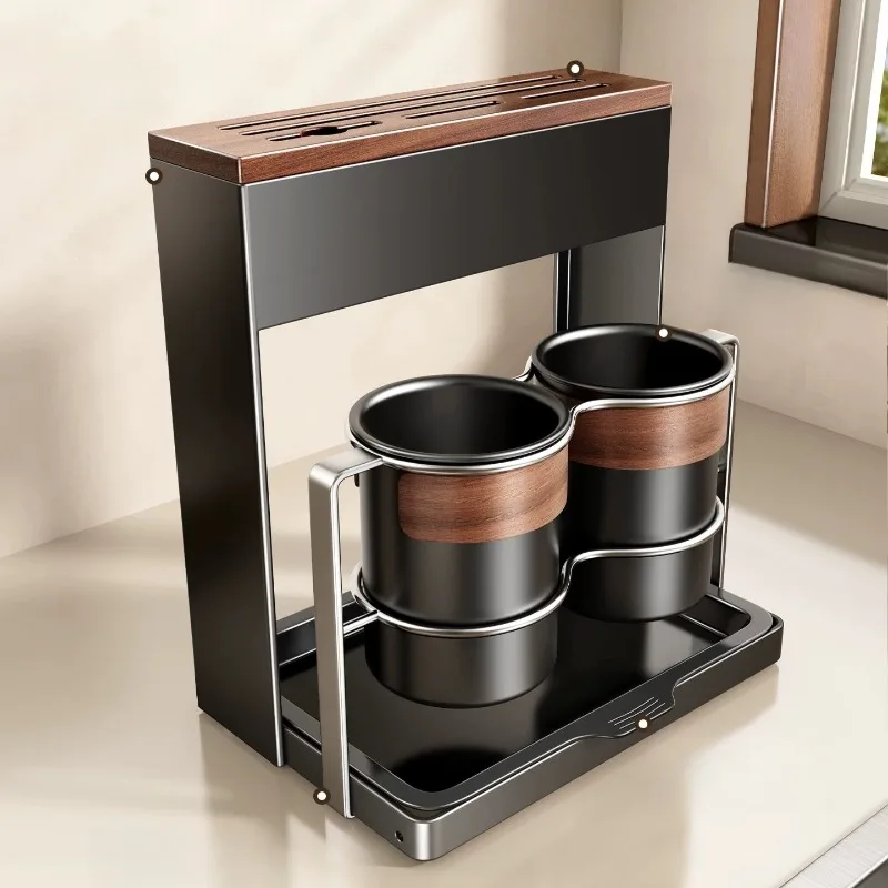 Walnut Wood Knife Block Organizer for Countertop, Solid Wood Knife Storage Rack with Chopstick Holder & Drainage Tray for Home view 3
