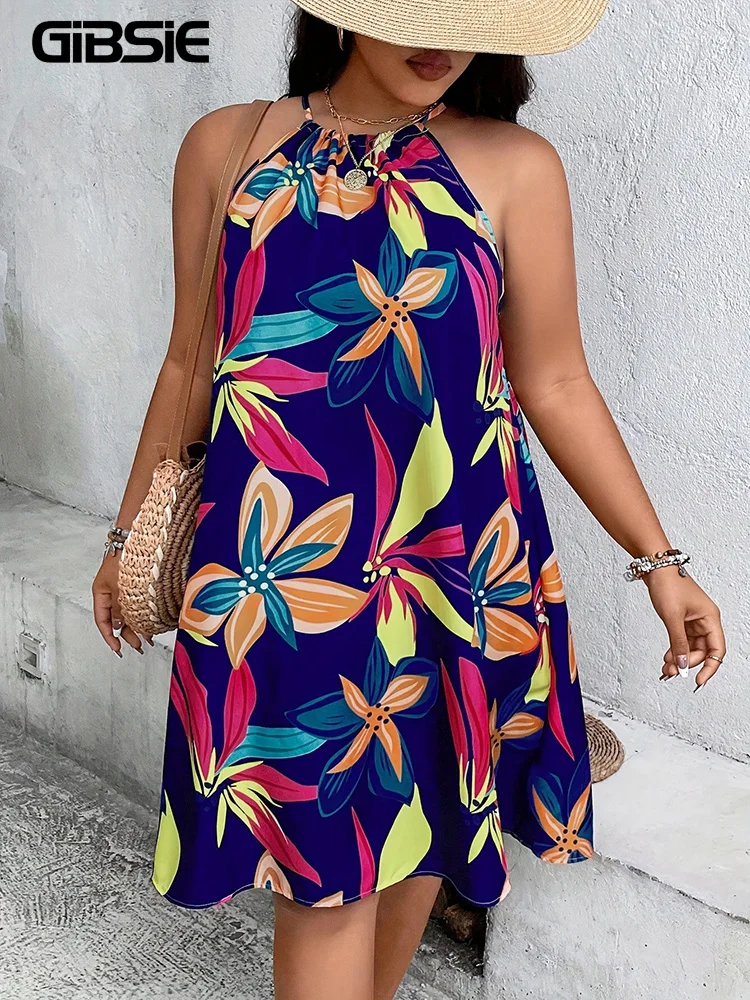 

GIBSIE Plus Size Holiday Style Print Tie Back Halter Sleeveless Dress Women Summer Fashion Beach Sunderss Loose Mini Dresses