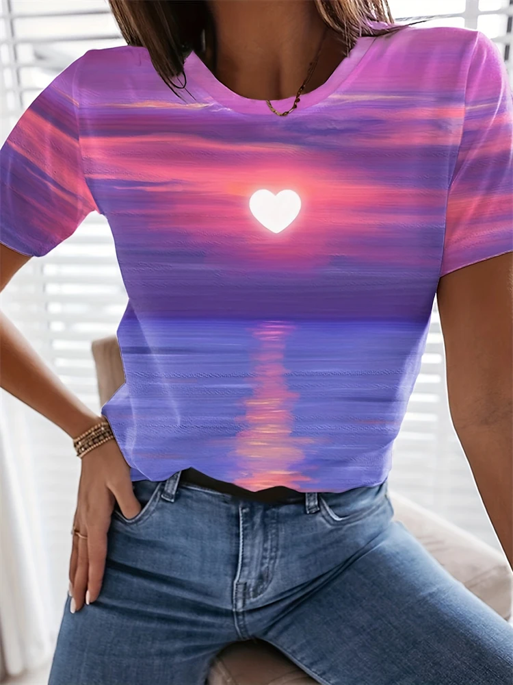 Women's Fashion Short-Sleeve T-Shirt Casual Comfortable Sunset Print Tops Elegant Womens Round Neck Top Everyday Versatile Tees