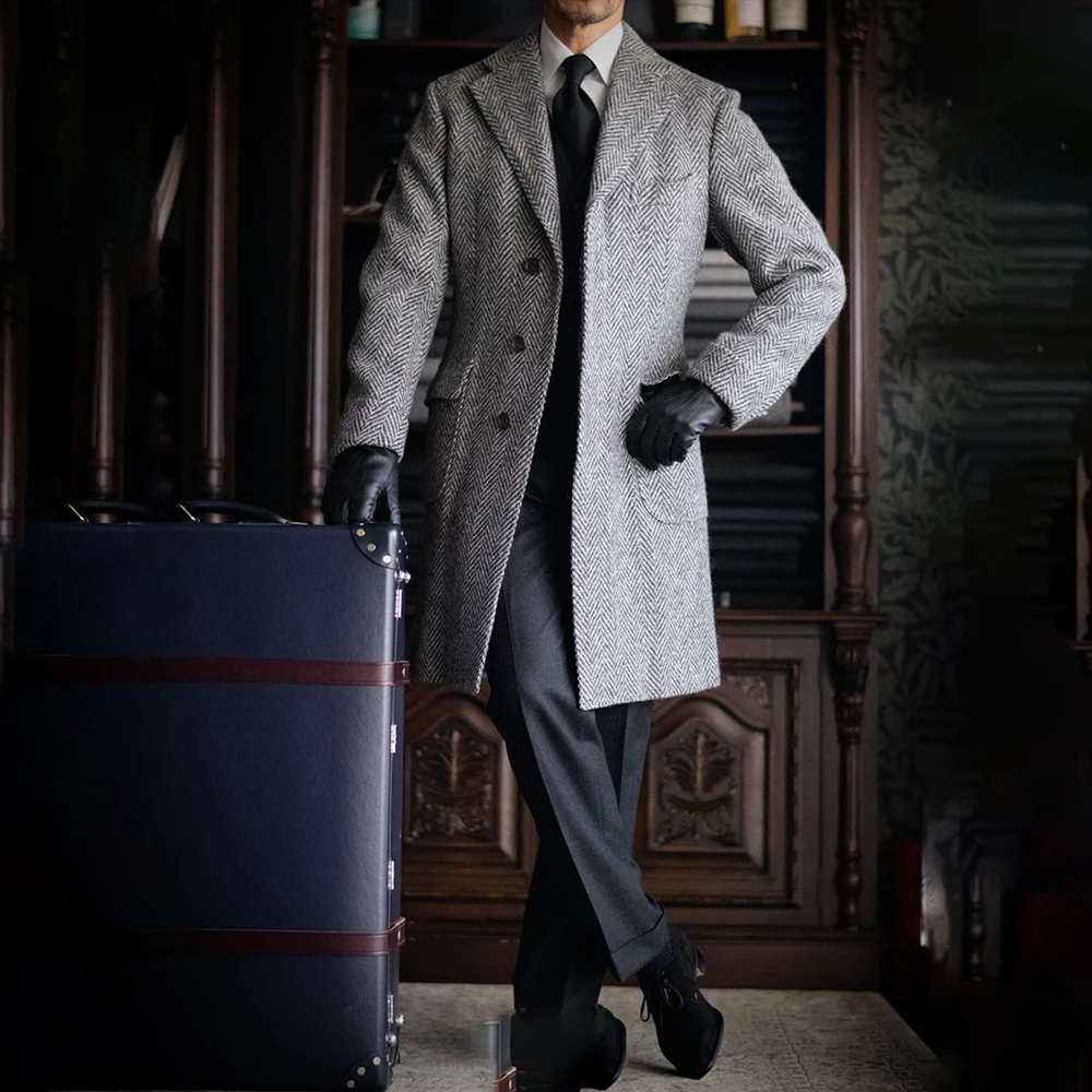 

Elegant Herringbone Men's Suits Luxury Single Breasted Notch Lapel Long Blazer Customized 2 Piece Jacket With Black Pants Outfit