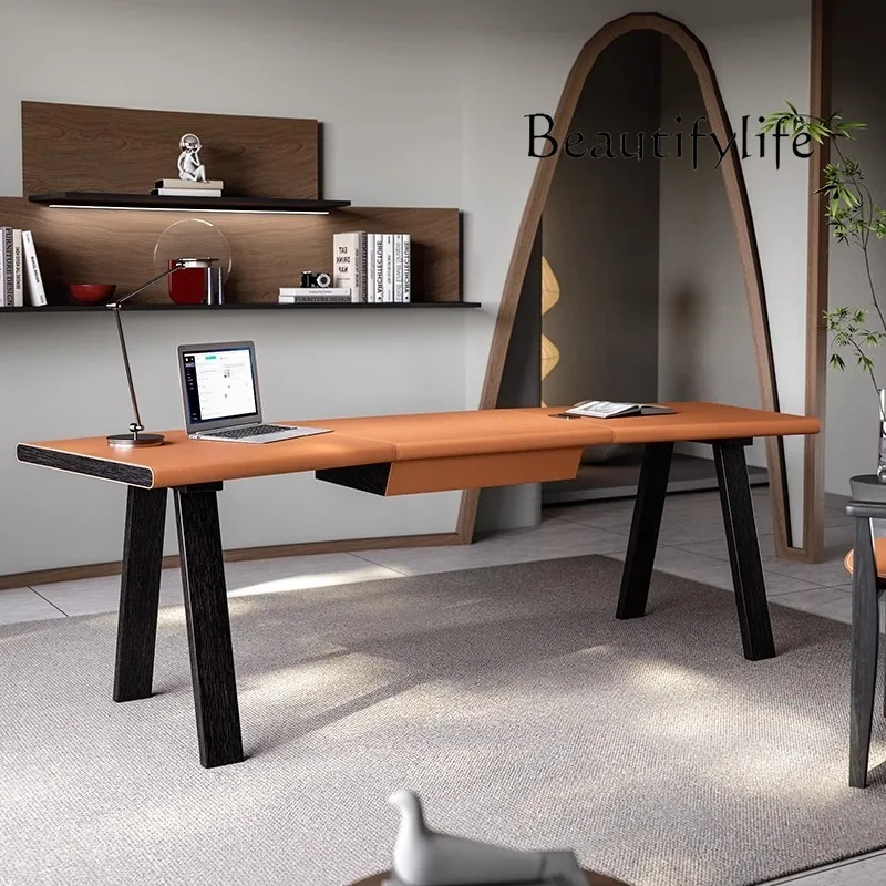 

Italian saddle leather solid wood desk walnut curved desk designer computer desk household
